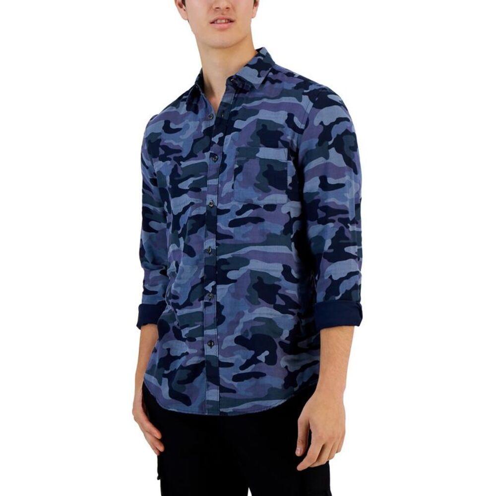 Alfani Mens Navy Camo Print Cotton Short Sleeve Button-Down Shirt NWT
